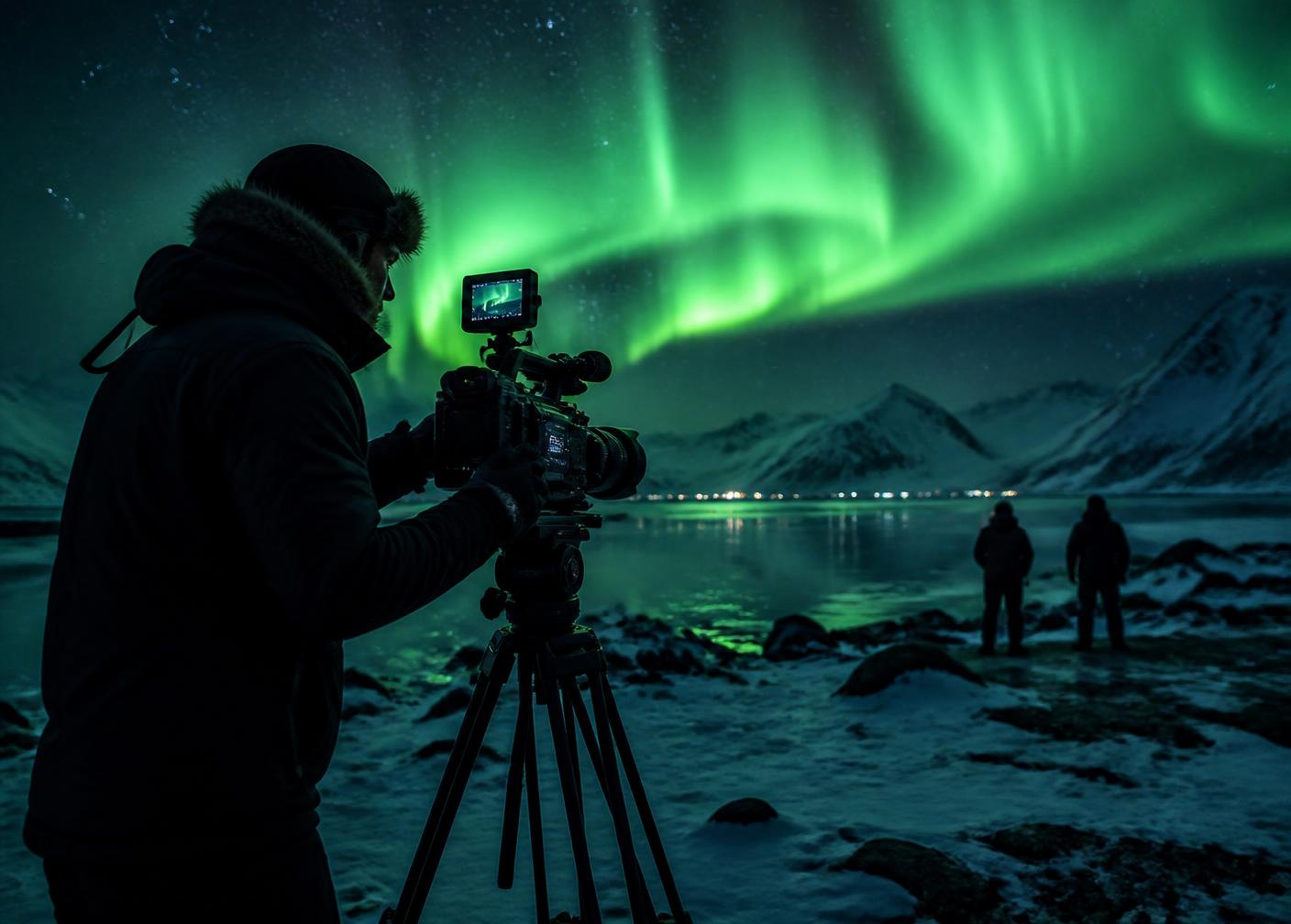 Equipe de filmagem registrando a aurora boreal no Ártico