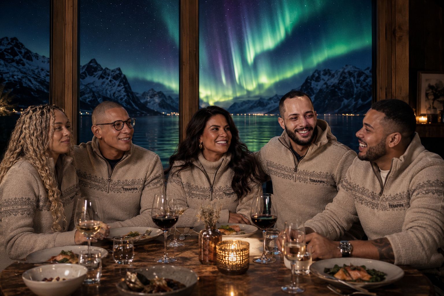 Grupo da expedição TERAPIPA jantando diante da aurora boreal em Senja